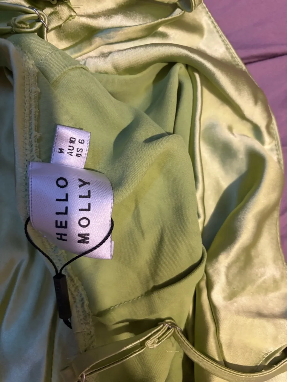Hello Molly— We’re in style satin mini dress lime - Picture 2 of 5